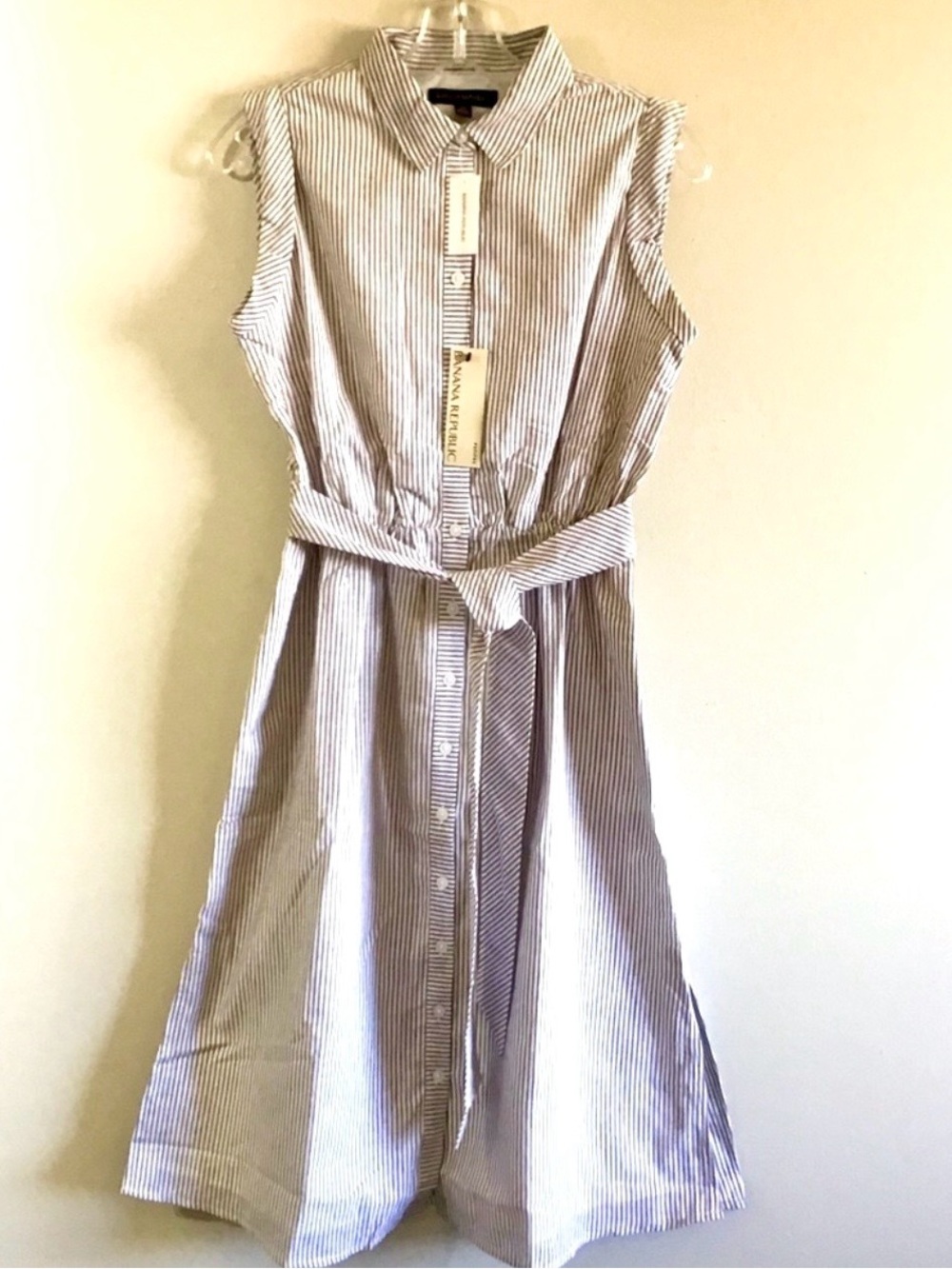 Banana Republic gray and White Striped Midi Shirt Dress